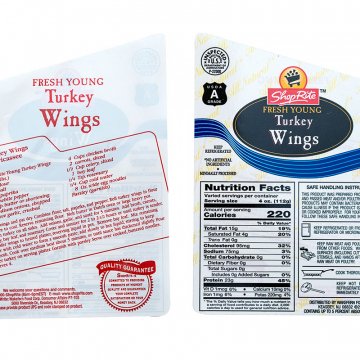 Dual construction label, peel-away label, two-sided label, reverse print label, food label